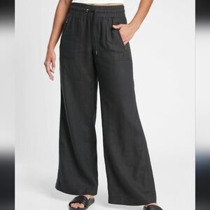 Athleta Cabo 100% Linen Black Wide Leg Drawstring Elastic Waist Pants Size 4